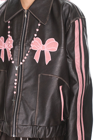 Black"Pink Bow Leather Jacket