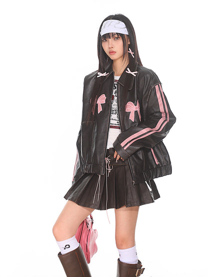 Black"Pink Bow Leather Jacket